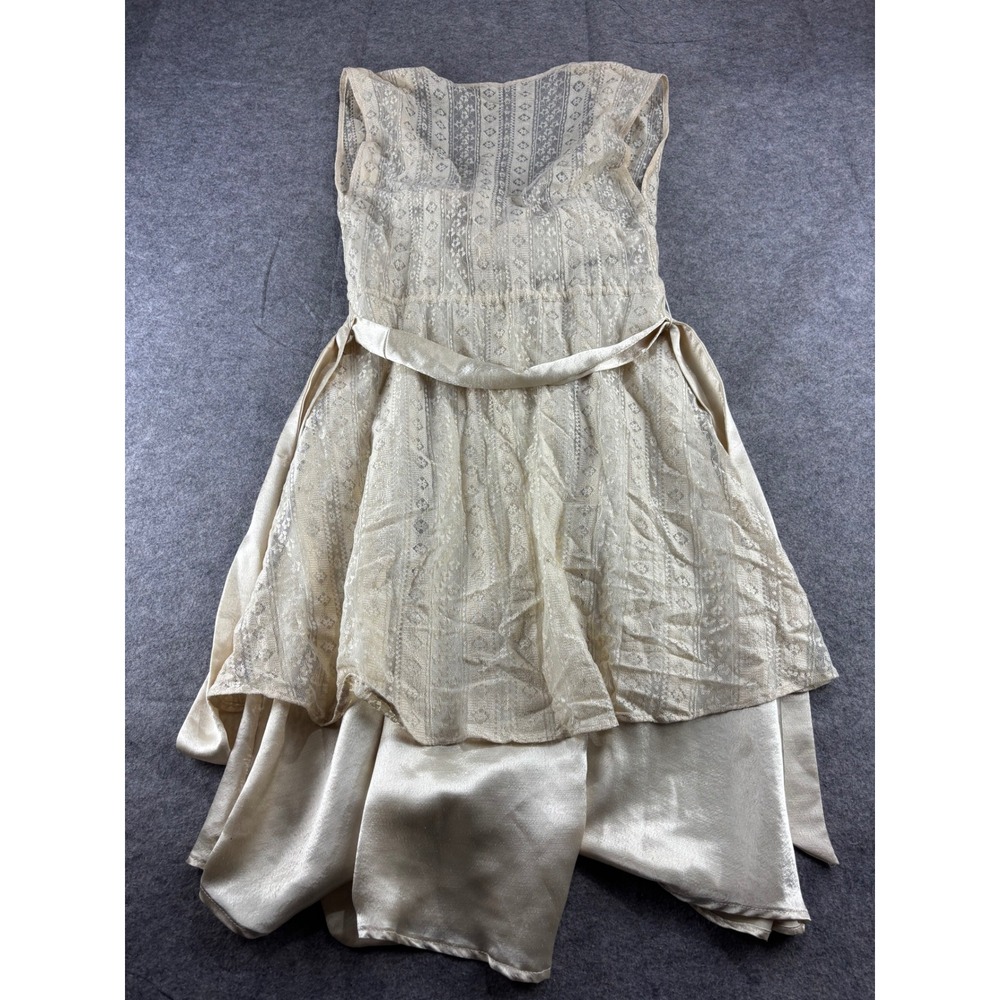VTG Cream Lace Layered Dress Satin Waist Tie Womens S? Boho Fairy Angel Romantic - Picture 2 of 8